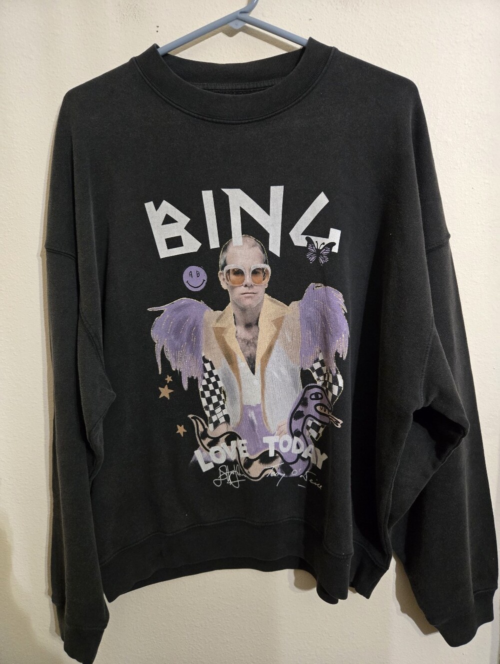 Anine Bing Black Graphic Crewneck Sweatshirt with Purple Accents